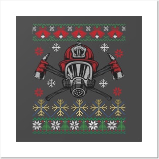 Xmas Firefighter Ugly Sweater Style Posters and Art